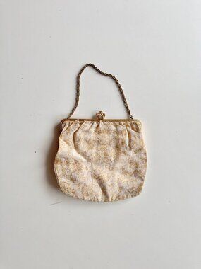 Vintage Made in Germany Ivory Gold Embroidered Kiss Lock Evening Purse Bag